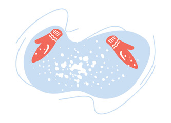 Hands in red mittens throw snow. Winter games with snow. Color illustration for design and print with cartoon style. Children's winter entertainment. Warm knitted mittens.