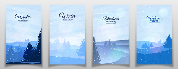 Vector illustration. Set of winter season with natural silhouettes of trees. Snowfall, blizzard. Design for poster, brochure, banner, touristic or business card.