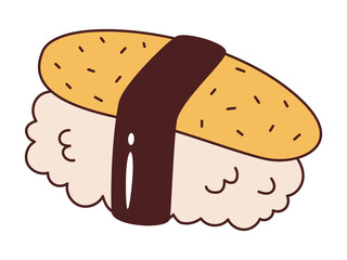 Vector tamago nigiri in retro style. Groovy nigiri sushi with eggs 70s.