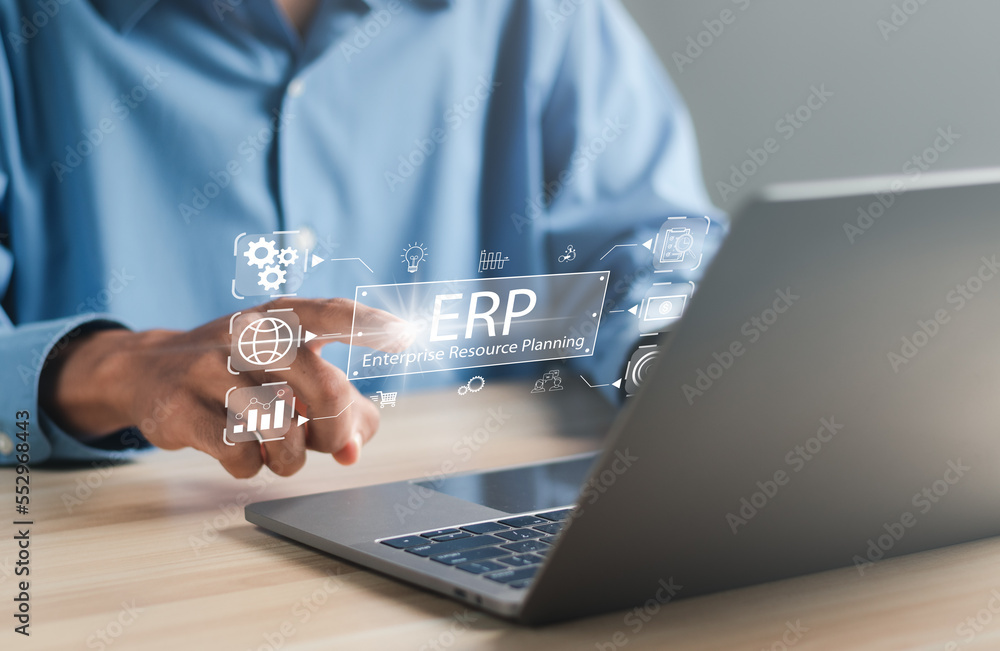 Poster businessman using laptop to document management for erp. modern technology concept on virtual screen