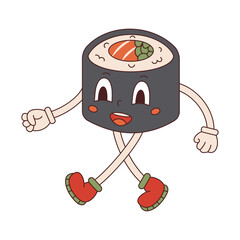 Vector sushi roll in retro style. Walking groovy maki sushi mascot. Hippie character sushi 70s. © Ulyana Mo