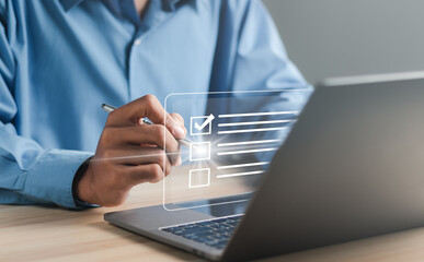 Questions of test. Survey form concept. Education futuristic technology and learning concept. Questionnaire with checkboxes, filling survey form online, answer