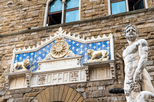 Hercules and Cacus, Italian Renaissance sculpture by Baccio Bandinelli, in Piazza della Signoria square in front of Palazzo Vecchio palace, Florence city center, Tuscany region, Italy