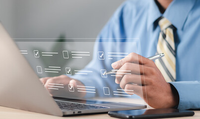 Questions of test. Survey form concept. Education futuristic technology and learning concept. Questionnaire with checkboxes, filling survey form online, answer