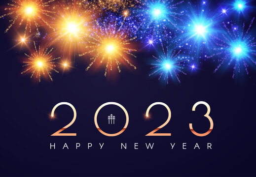 Happy new 2024 year Elegant gold text with fireworks and light effects.