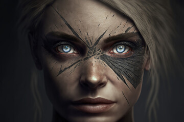 A close up of a fantasy woman with blonde hair and bright blue eyes, black cross on her face, generative ai