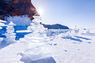 Sunny day winter landscape ice of Lake Baikal Siberian