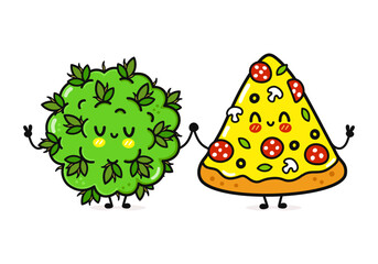 Cute, funny happy pizza and marijuana weed bud character. Vector hand drawn cartoon kawaii characters, illustration icon. Funny cartoon happy pizza and marijuana weed bud friends - obrazy, fototapety, plakaty