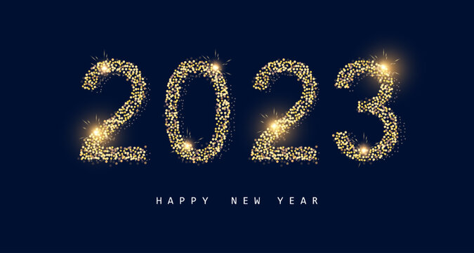 Happy New 2023 Year poster template with bokeh an light effects.