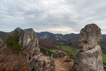 Fototapeta na wymiar View from Sulovsky hrad castle ruins in autumn Sulovske skaly mountains in Slovakia