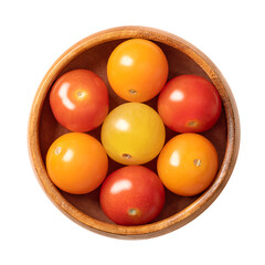 Colorful cherry tomatoes, in a wooden bowl. Fresh and ripe type of small and round cocktail tomatoes, of red, yellow and orange color. Solanum lycopersicum var. cerasiforme. Close-up, from above.