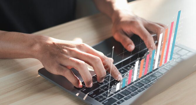 Analyzing sales data graph growth on strategy modern interface icons. Digital online marketing, Solution analysis and content development on global network connectivity.