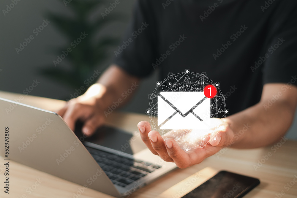 Poster marketing concept. man with email icon on virtual screen. direct selling program in email listing bu