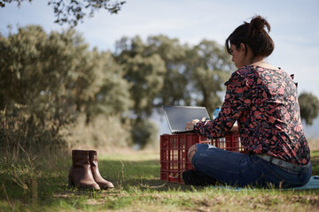 Digital nomad woman using laptop in the wild