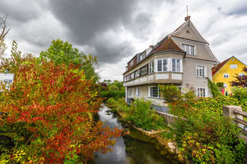 Fototapeta na wymiar Street view in Landberg-am-Lech town, Germany, on a cloudy autumn day