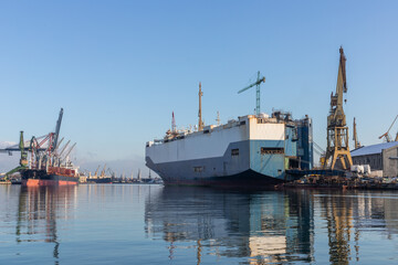Car carrier ship being repaired at the repair shipyard in Gdansk