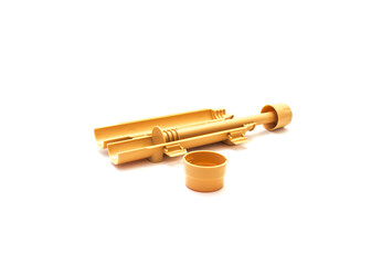 All parts of open loading tray with plunger long press screw assembly of brown plastic rice bazooka sushi roller making tool isolated on white background