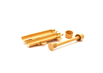 All parts of open loading tray with plunger long press screw assembly of brown plastic rice bazooka sushi roller making tool isolated on white background