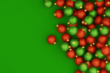 christmas and new year holiday concept. pile of red and green christmas balls on green background. 3d illustration copy space