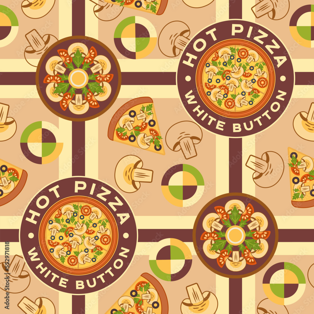 Poster checkered background with mushroom pizza. logo, elements in simple geometric style. seamless pattern