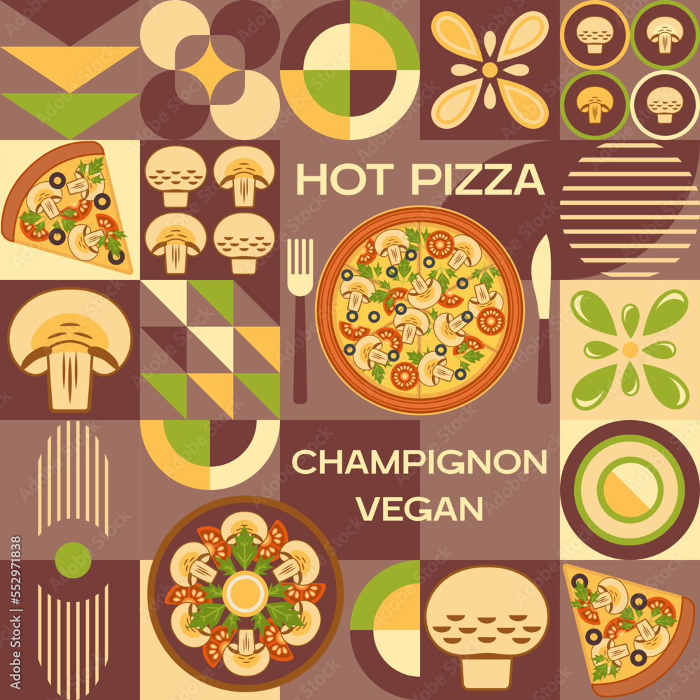 Poster mushroom pizza background with design elements in simple geometric style. seamless pattern. good for