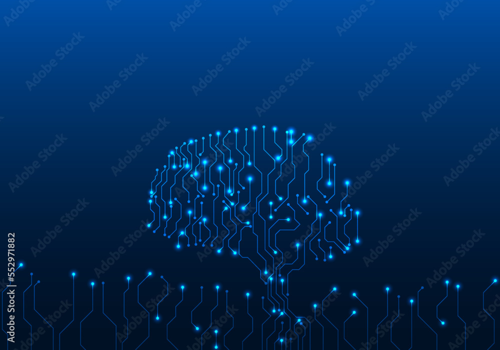 Poster abstract background of the brain of technology, inside which there are various circuits that transmi