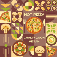 Mushroom pizza background with design elements in simple geometric style. Seamless pattern. Good for branding, decoration of food package, cover design, decorative print, background.