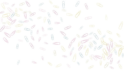 Paper clips are scattered on a white background. Decorative element. Background for design, school and office supplies