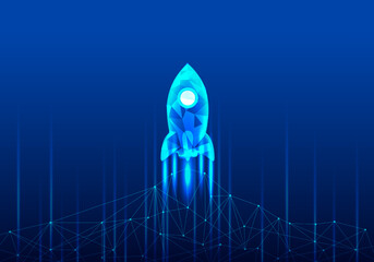 The rising rocket background indicates that wireless Internet connections are faster and easier for business or financial transactions requiring speed.