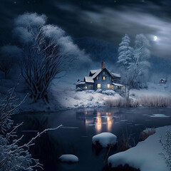 cottage by a lake on a cold winters night