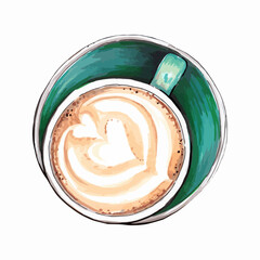 Hand drawn watercolor illustration. Cup of cappuccino with latte art - coffe and milk in cafe.