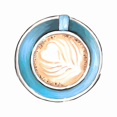 Hand drawn watercolor illustration. Cup of cappuccino with latte art - coffe and milk in cafe.