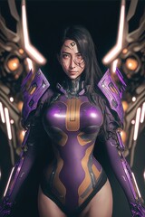 Illustration of Aphrodite mecha girl in tight purple and gold battle suit, with wings inspired by Isabel NIKKE - obrazy, fototapety, plakaty