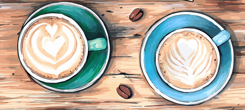 Hand drawn watercolor illustration. Cup of cappuccino with latte art - coffe and milk in cafe.