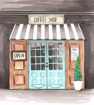 Hand drawn watercolor art. Vintage coffee shop entrance facade.