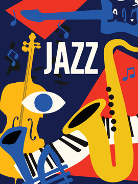 Jazz music poster with piano, sax, trumpet, guitar, cello. Musical instruments background. Live concert events, music festivals, shows invitation design. Night club party flyer. Vector illustration.
