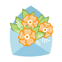 Envelope with flowers. Vector illustration of orange flowers with leaves and twigs. Design for greeting card.