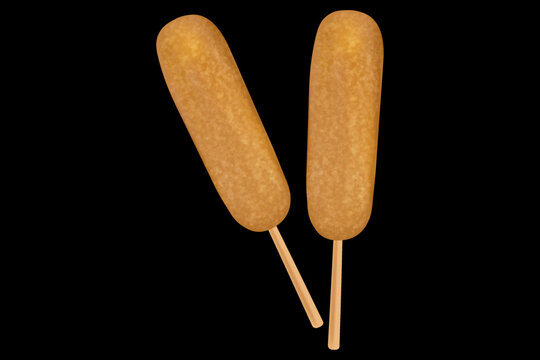Two corn dogs on a black background with copy space. Vector image