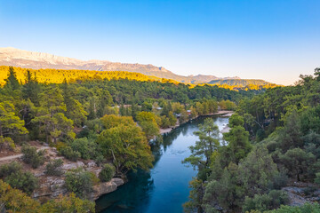 Winding river from Koprulu Tazi Canyon. Manavgat Antalya Turkey aerial top view