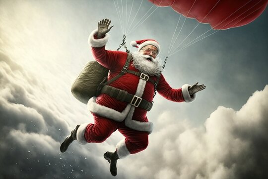 Santa Claus with Gifts Jumping with a Parachute. Skydiving and Parachuting Santa. Generative AI.