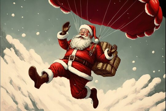 Santa Claus with Gifts Jumping with a Parachute. Skydiving and Parachuting Santa. Generative AI.