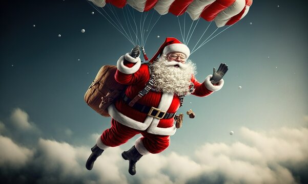 Santa Claus with Gifts Jumping with a Parachute. Skydiving and Parachuting Santa. Generative AI.