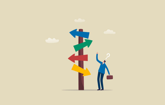 Career decisions. Many options for making decisions. Choice of business or job. Businessman thinking with question and  confused with the road sign or guide post. Illustration