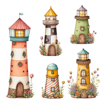 Colorful watercolor lighthouses set, cute cartoon collection, isolated on white background