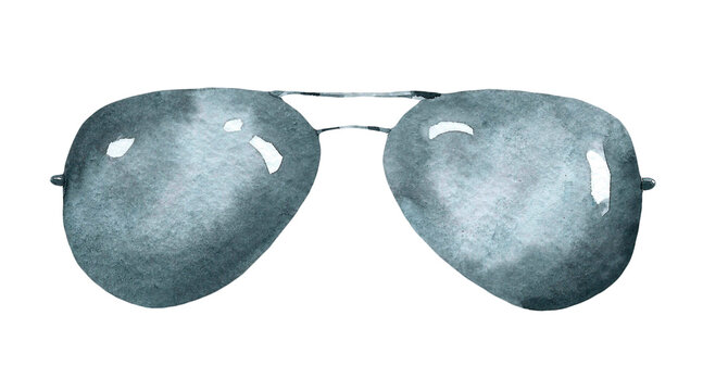 Hand-painted Watercolor black aviator sunglasses illustration Watercolor hipster glasses set, isolated on white background. Hipster clothes, accessories, cute drawing clipart elements cutout.	
