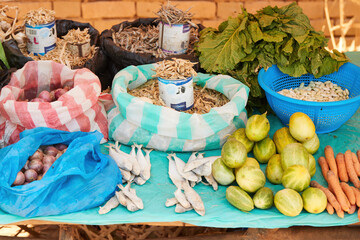 Street market, various regional foods, vegetables, fish, pulses and fruits. Madagascar food, authentic Madagascar life. Madagascar travel concept