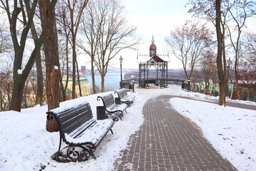  Panoramic observation deck with a gazebo on Volodymyrska Hill in Kyiv, Ukraine