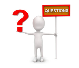 3d man with question mark in hand and sign board with questions text on it concept