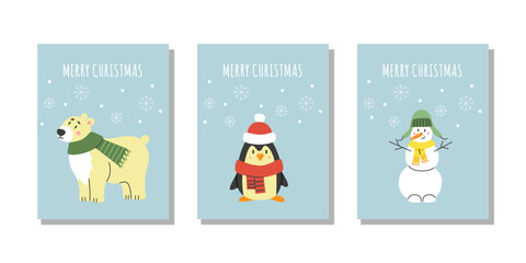Winter animals, Merry Christmas cute greeting cards, posters with cute polar bear, penguin and snowman. Vector flat illustration