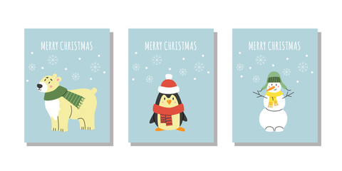 Fototapeta premium Winter animals, Merry Christmas cute greeting cards, posters with cute polar bear, penguin and snowman. Vector flat illustration